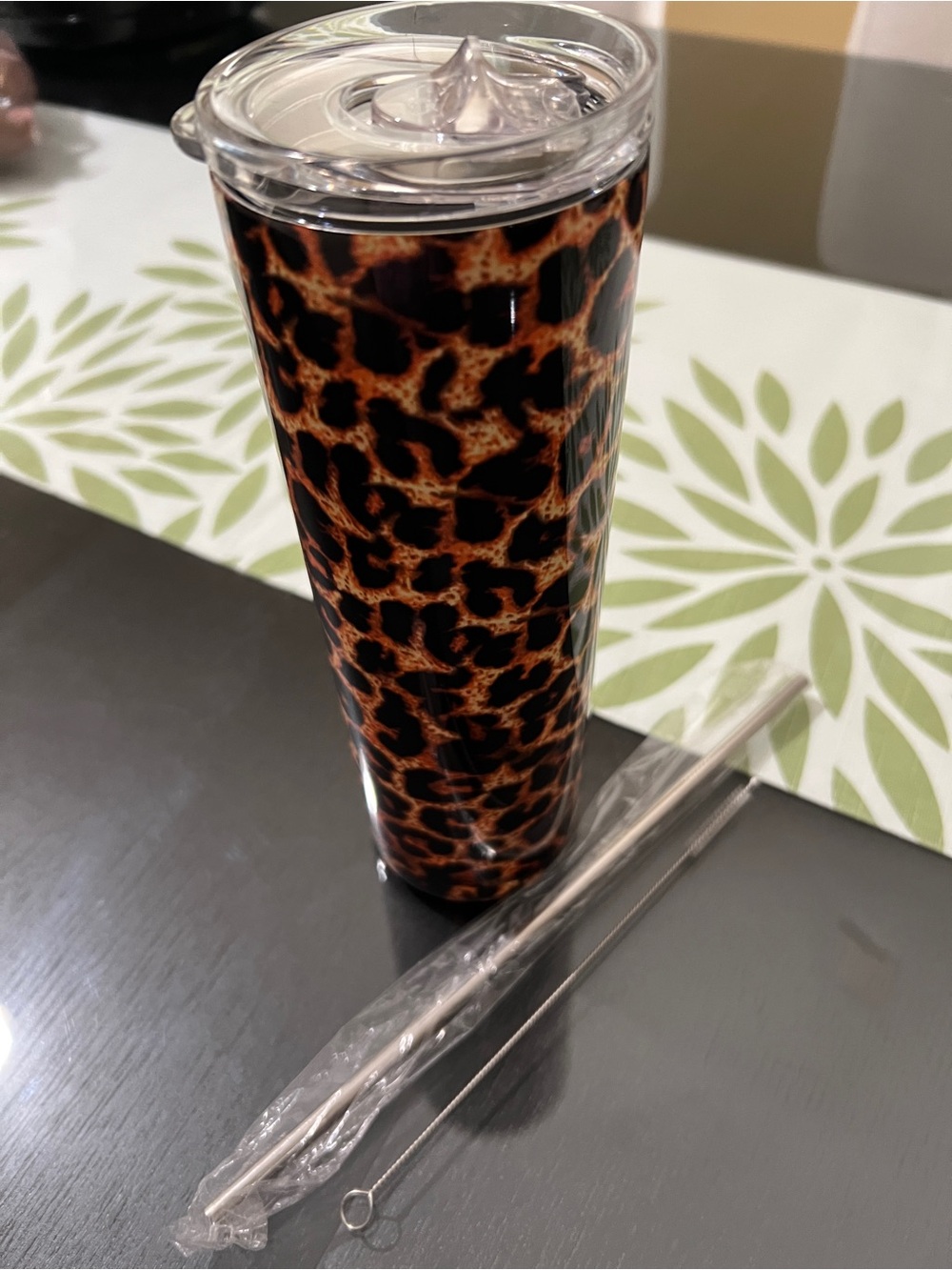 20 oz Leopard Print Insulated Tumbler with Straw - Brown